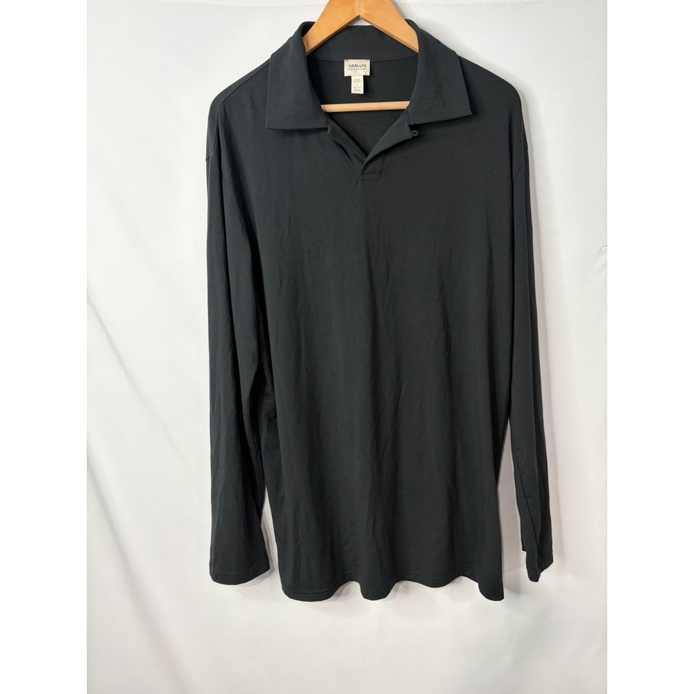 Armani Collezioni Mens Black Long Sleeve V-Neck Polo Shirt Sz Large Quiet Luxury